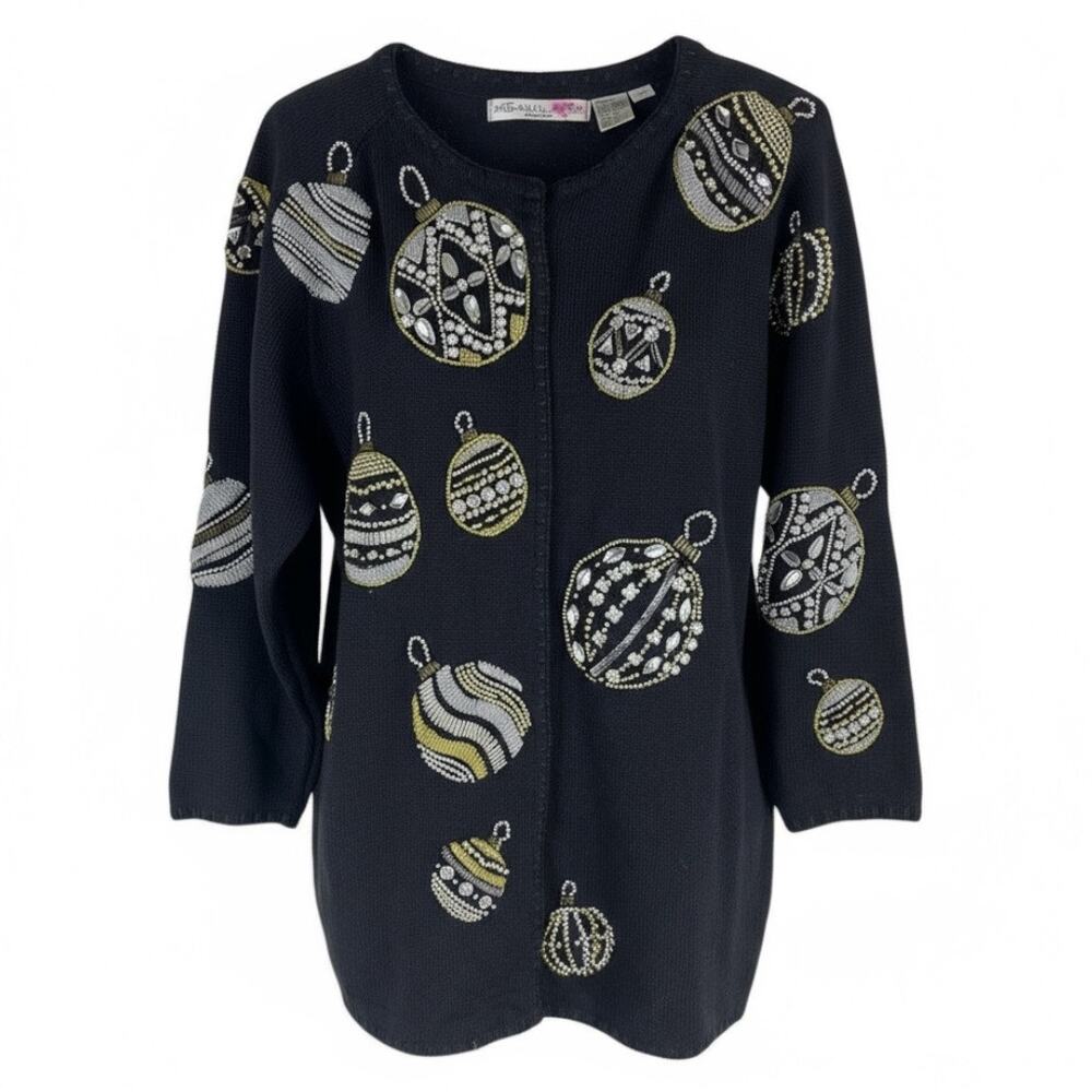 Michael Simon 1991 Christmas Ornaments Cardigan Black Ugly Sweater Size M